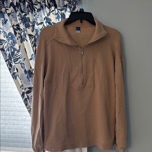 Tan Zip Up Sweater with Stand-Up Collar
